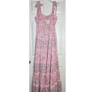 NWT Crown & Ivy Pink Floral Tiered Maxi Dress XL Tie Shoulder Smocked Back